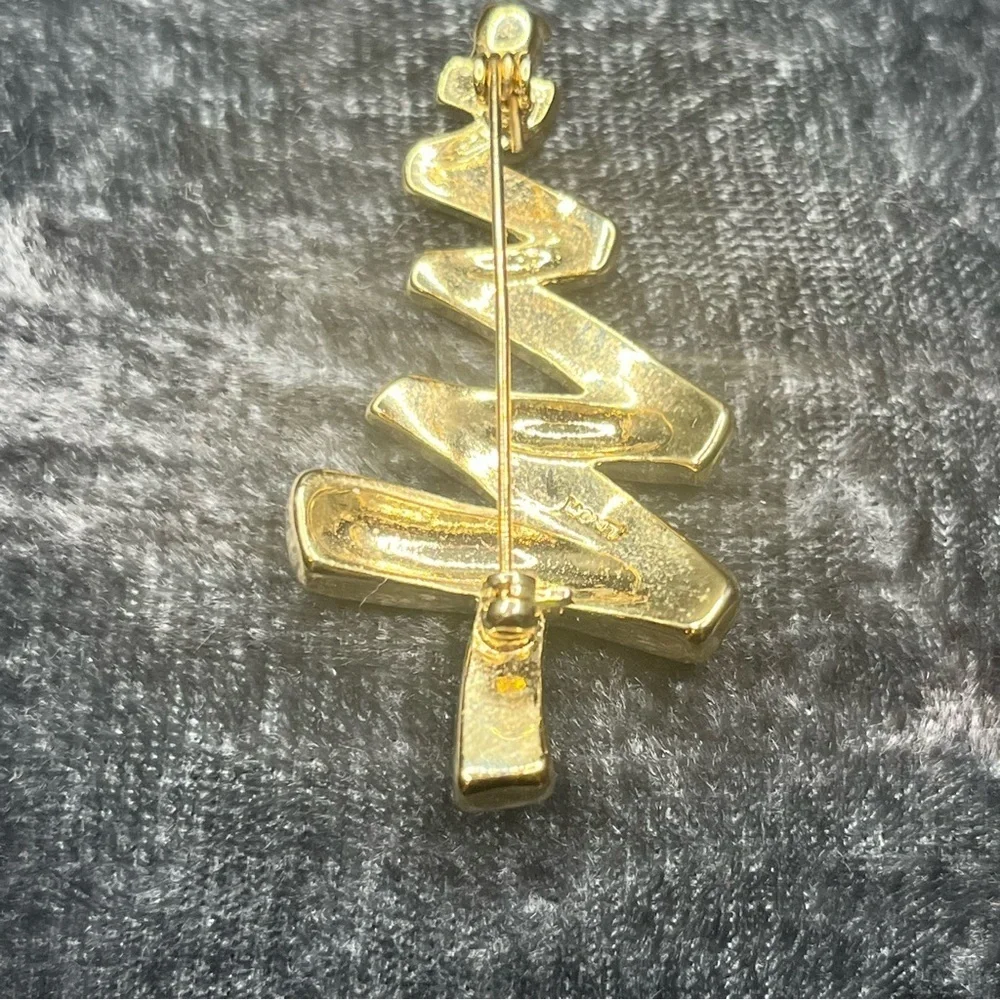 Monet vintage zig zag Gold Tone Christmas Tree Brooch with Rhinestones